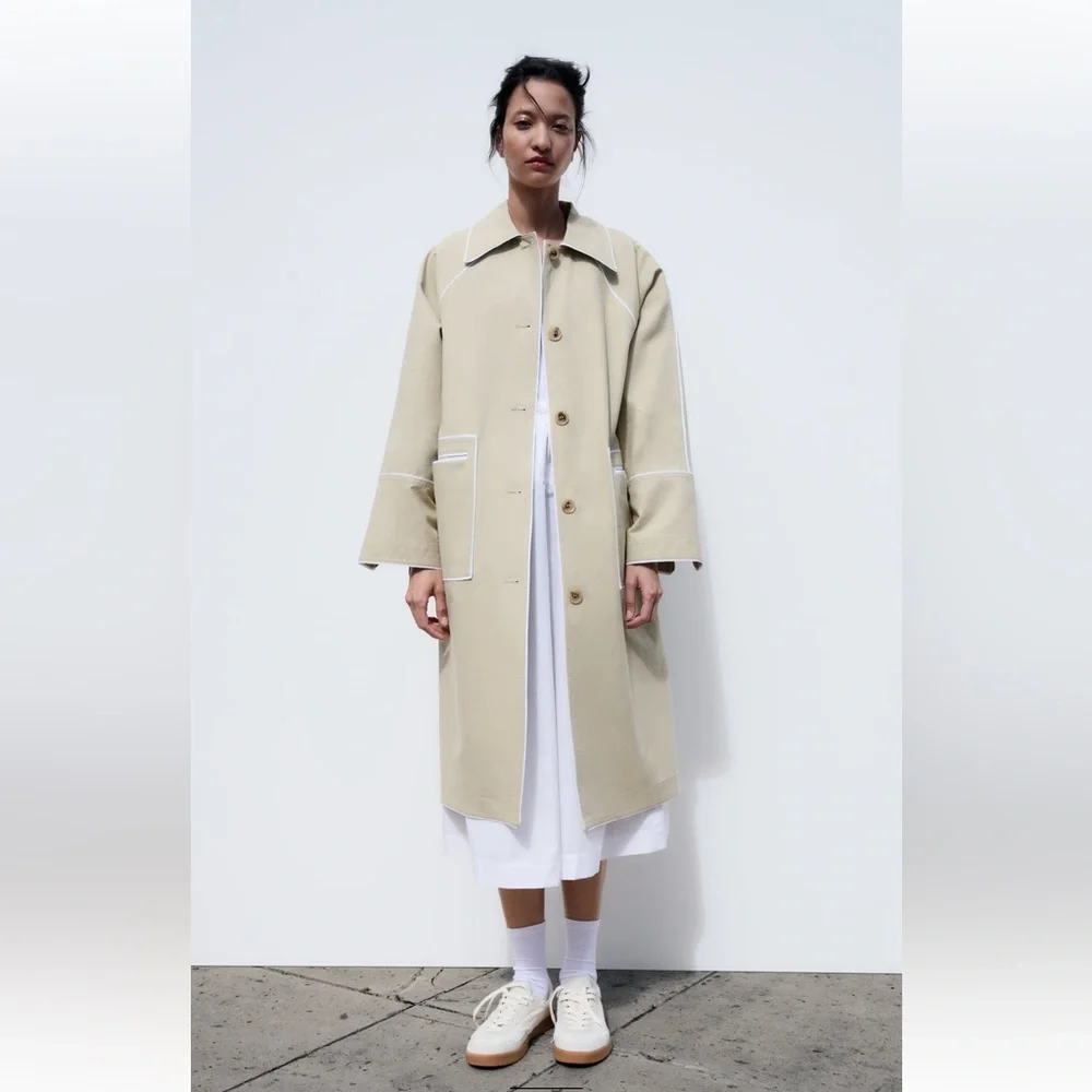 Zara OVERSIZED CONTRAST COAT. Beige. Sizes XS, S. New with Tags. - Picture 1 of 11